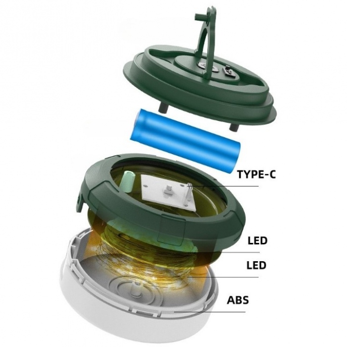 Lumină de camping LED încărcare USB, Flippy, șir colorat, pentru aer liber, cort, Distanta 10 metri, 1800mAH, 10.5x4.3 cm, Alb Verde [3]
