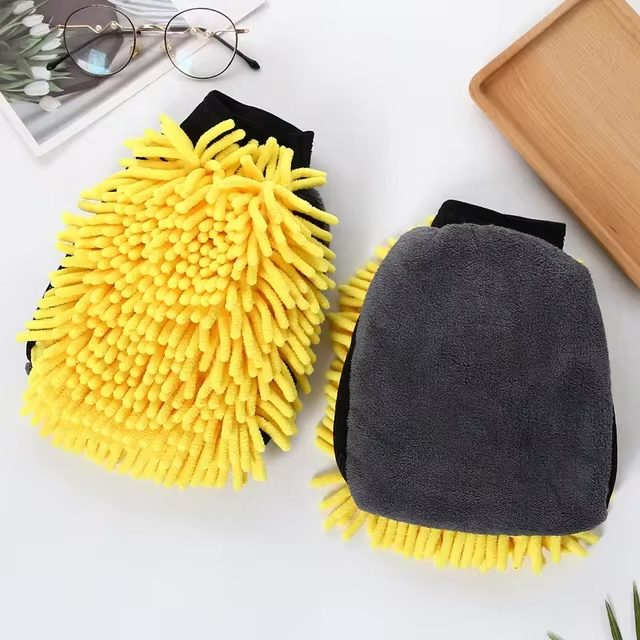 Manusa de Spalat Auto, Flippy, Manusa 2 in 1, pentru Detailing Auto pe 2 Fete cu Perie si Microfibra Velvet, Galben/Gri [3]