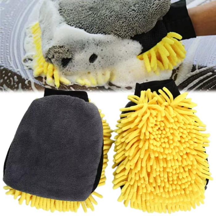 Manusa de Spalat Auto, Flippy, Manusa 2 in 1, pentru Detailing Auto pe 2 Fete cu Perie si Microfibra Velvet, Galben/Gri [4]