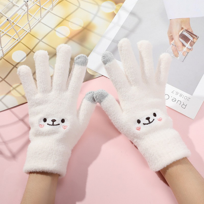 Manusi Dama, Flippy, Model Fata Zambitoare, Functie Touchscreen (ecran tactil), Material Lana Brodata, Manseta Elastica, Interior Pufos, Marime Universala, Alb [9]