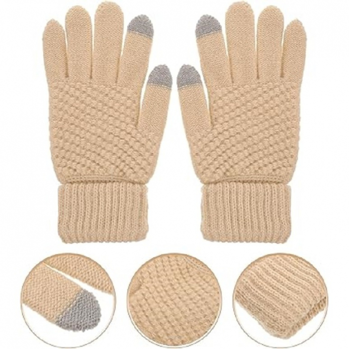 Manusi de Dama, Flippy, Functie Touchscreen (ecran tactil), Material Acril Tricotat, Manseta Elastica, Interior Catifelat, Marime Universala, Bej [3]