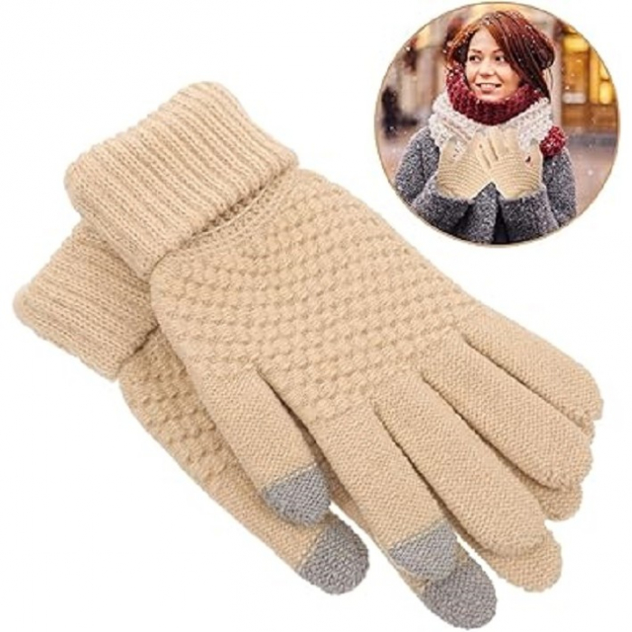 Manusi de Dama, Flippy, Functie Touchscreen (ecran tactil), Material Acril Tricotat, Manseta Elastica, Interior Catifelat, Marime Universala, Bej [2]