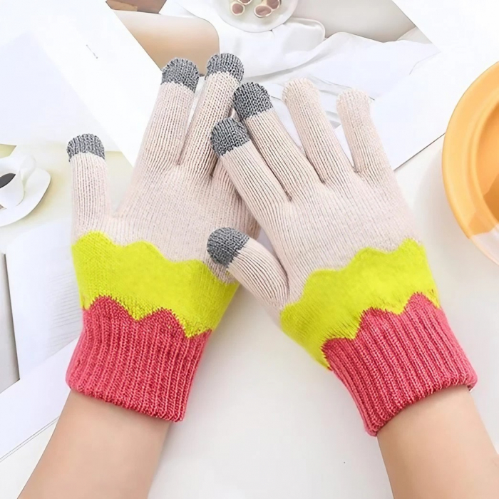 Manusi de Dama, Flippy, Model Ondulat, Functie Touchscreen (ecran tactil), Material Acril Tricotat, Manseta Elastica, Interior Catifelat, Marime Universala, Galben/Roz [4]