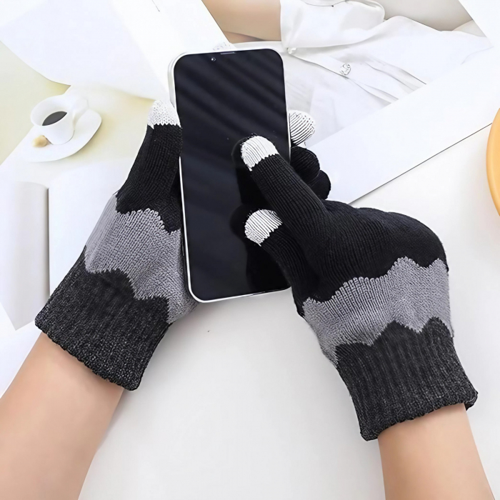 Manusi de Dama, Flippy, Model Ondulat, Functie Touchscreen (ecran tactil), Material Acril Tricotat, Manseta Elastica, Interior Catifelat, Marime Universala, Negru/Gri [4]
