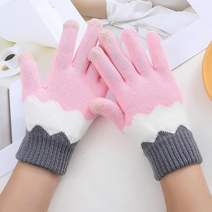 Manusi de Dama, Flippy, Model Ondulat, Functie Touchscreen (ecran tactil), Material Acril Tricotat, Manseta Elastica, Interior Catifelat, Marime Universala, Roz/Gri [2]
