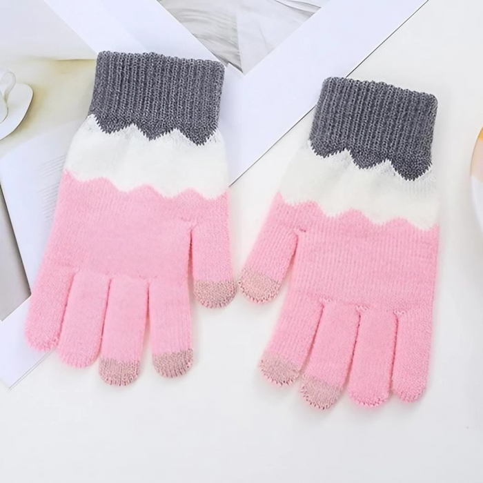 Manusi de Dama, Flippy, Model Ondulat, Functie Touchscreen (ecran tactil), Material Acril Tricotat, Manseta Elastica, Interior Catifelat, Marime Universala, Roz/Gri [3]