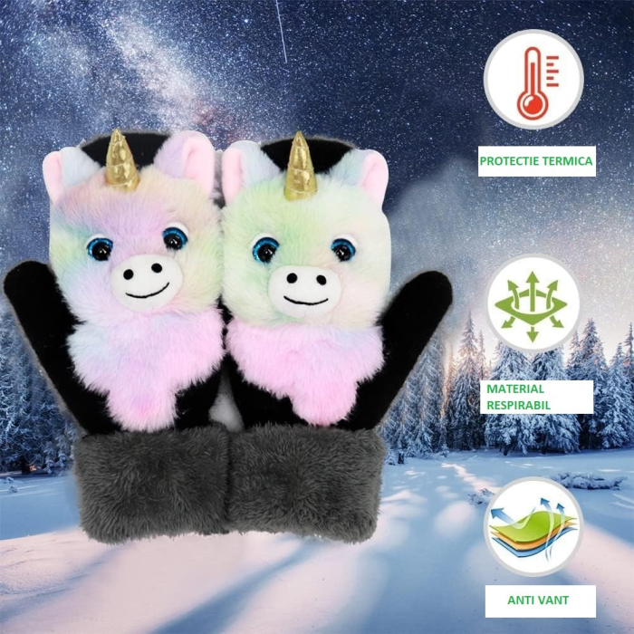 Manusi pentru Copii, Flippy, din Plus cu Umplutura de Bumbac, Protectie Termica, 24 x 20 x 3 cm, Model Unicorn 3D, Roz/Negru [4]