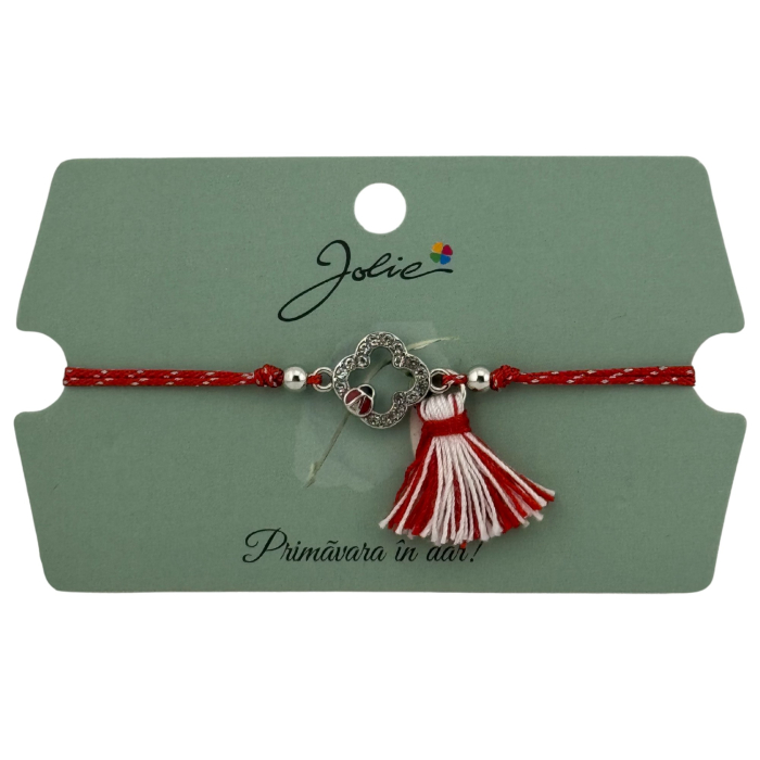 Martisor Bratara Ciucure, Jolie, Snur Rosu Reglabil, cu Pandantiv, Model Floare-Buburuza [3]