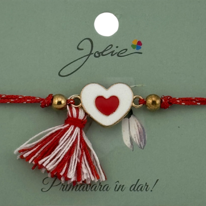 Martisor Bratara Ciucure, Jolie, Snur Rosu Reglabil, cu Pandantiv, Model Inima [2]