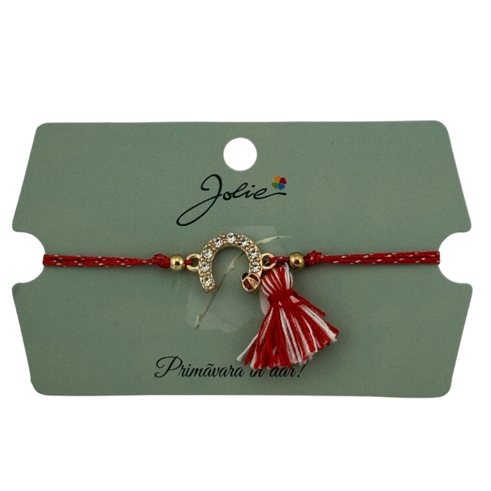 Martisor Bratara Ciucure, Jolie, Snur Rosu Reglabil, cu Pandantiv, Model Potcoava Buburuza [3]
