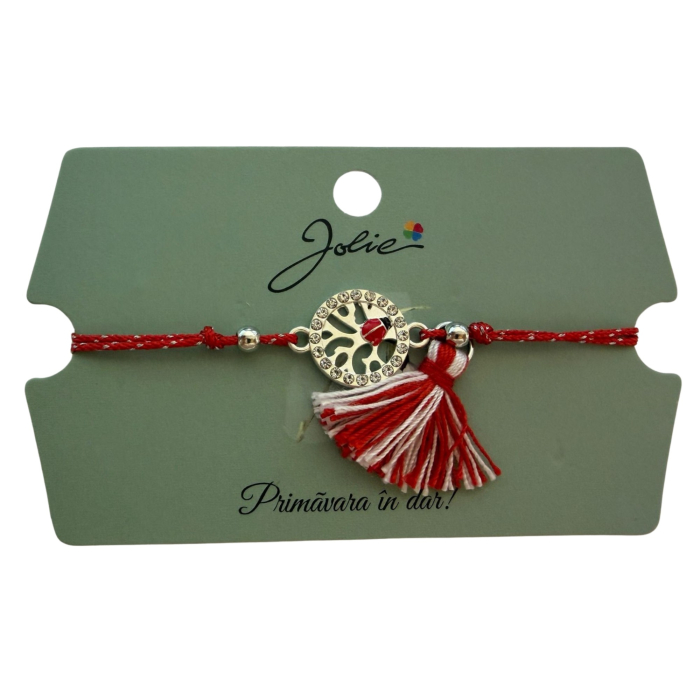 Martisor Bratara Ciucure, Jolie, Snur Rosu Reglabil, Model Buburuza, Argintie [4]