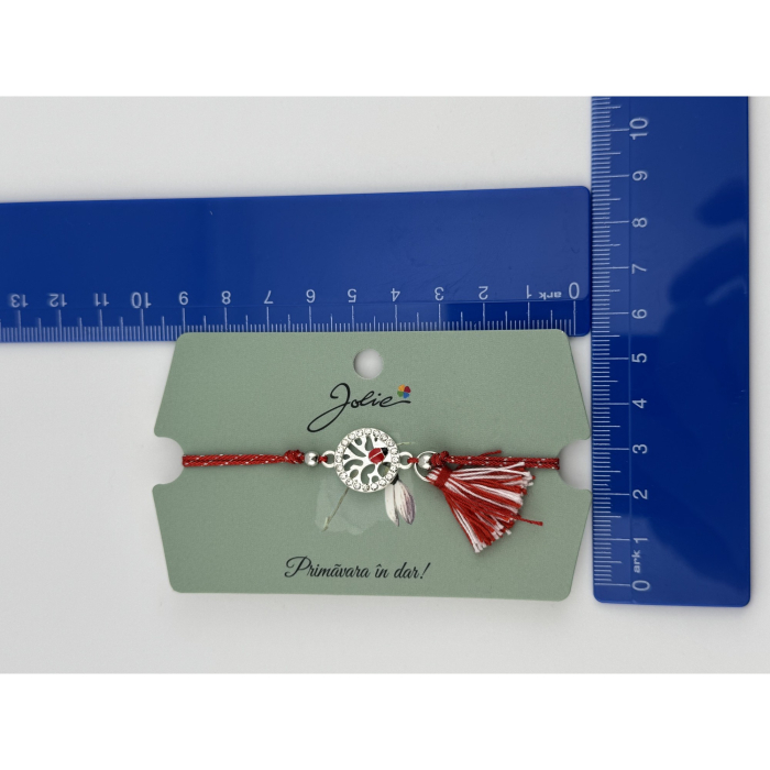 Martisor Bratara Ciucure, Jolie, Snur Rosu Reglabil, Model Buburuza, Argintie [5]