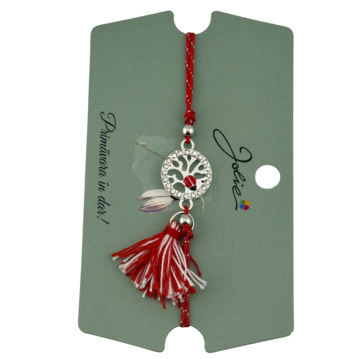 Martisor Bratara Ciucure, Jolie, Snur Rosu Reglabil, Model Buburuza, Argintie [3]