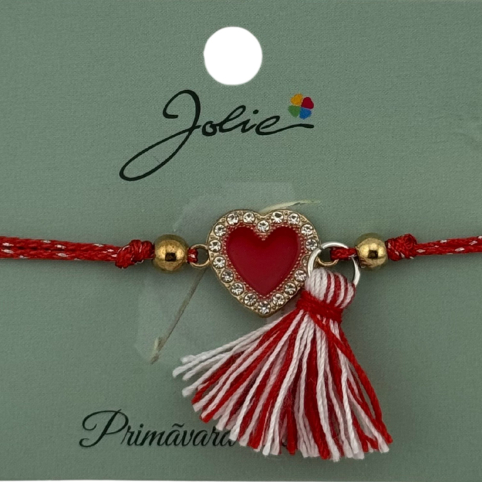 Martisor Bratara Ciucure, Jolie, Snur Rosu Reglabil, Model Inima Rosie [2]