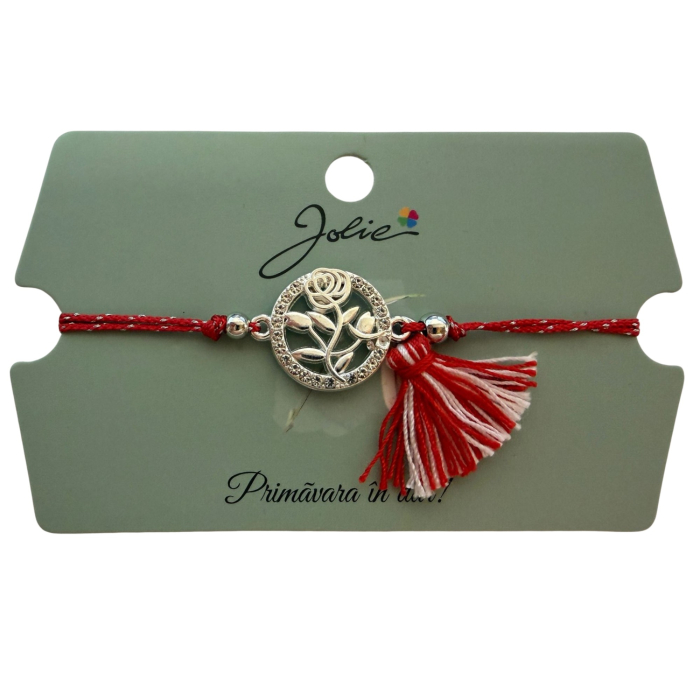 Martisor Bratara Ciucure, Jolie, Snur Rosu Reglabil, Model Trandafir, Argintie [3]