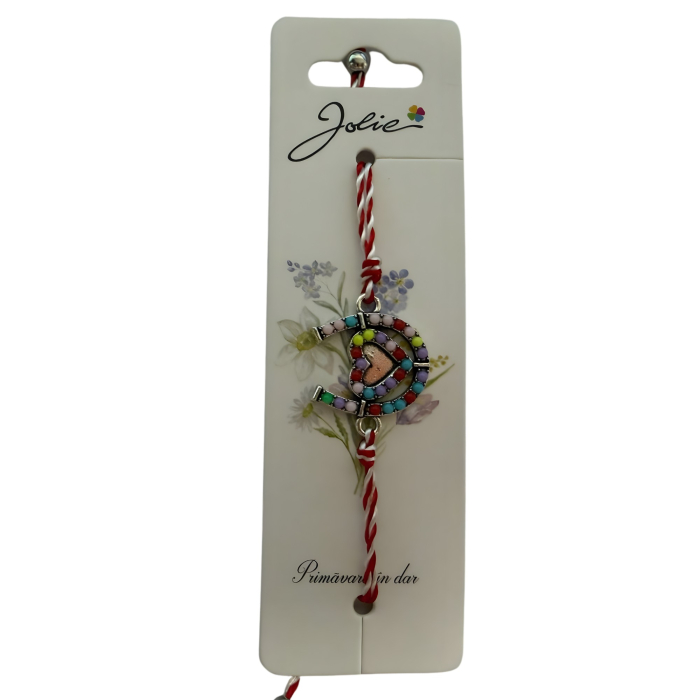 Martisor Bratara cu Snur Alb Rosu Reglabil, Jolie, Model Potcoava Multicolora cu Inimioara, Jolie [2]