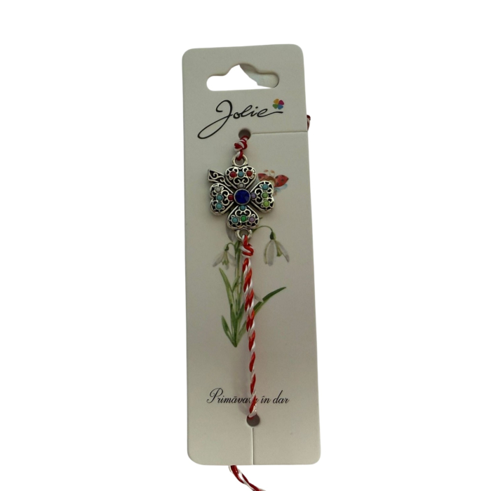 Martisor Bratara cu Snur Alb Rosu Reglabil, Jolie, Model Trifoi cu Patru Foi Multicolor, Jolie [3]