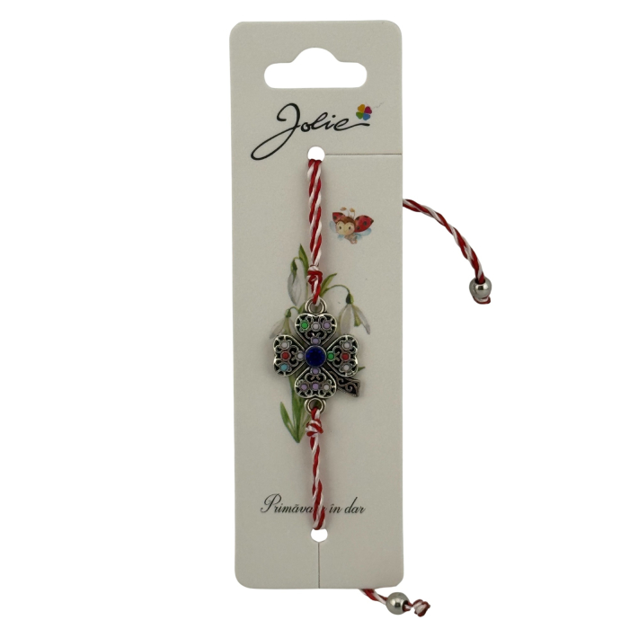 Martisor Bratara cu Snur Alb Rosu Reglabil, Jolie, Model Trifoi cu Patru Foi Multicolor, Jolie [2]