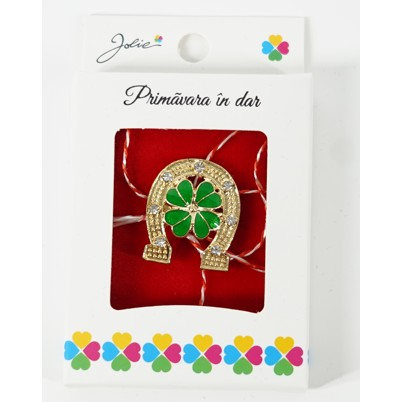 Martisor Brosa Mica in Cutie, Dimensiune Brosa 2.5-3 cm, Material Metal, Model Potcoava cu Trifoi [1]