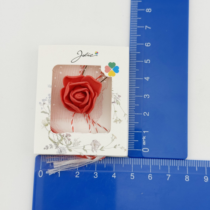 Martisor Motiv Floral, Jolie, Model Trandafir, cu Snur Alb/Rosu, 9 x 5 cm, Rosu [3]