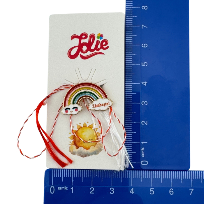 Martisor pentru copii, Jolie, Material Metal, Ambalaj Carton cu Design, Dimensiune Brosa Aproximativ 2x2 cm, Multicolor, cu Mesaj, Model Curcubeu si Norisori [4]