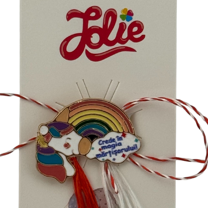 Martisor pentru copii, Jolie, Material Metal, Ambalaj Carton cu Design, Dimensiune Brosa Aproximativ 2x2 cm, Multicolor, cu Mesaj, Model Curcubeu si Unicorn [3]