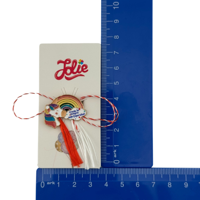 Martisor pentru copii, Jolie, Material Metal, Ambalaj Carton cu Design, Dimensiune Brosa Aproximativ 2x2 cm, Multicolor, cu Mesaj, Model Curcubeu si Unicorn [4]