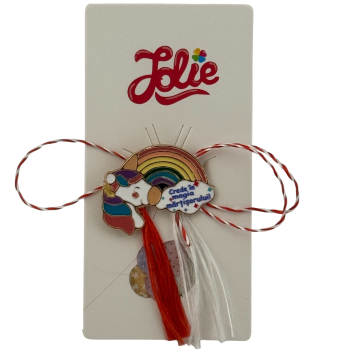 Martisor pentru copii, Jolie, Material Metal, Ambalaj Carton cu Design, Dimensiune Brosa Aproximativ 2x2 cm, Multicolor, cu Mesaj, Model Curcubeu si Unicorn [1]