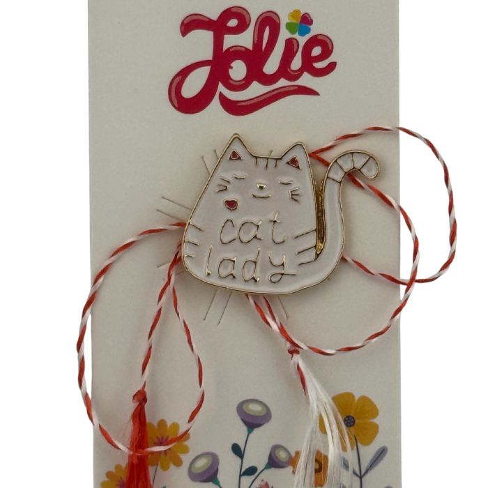 Martisor pentru copii, Jolie, Material Metal, Ambalaj Carton cu Design, Dimensiune Brosa Aproximativ 2x2 cm, Multicolor, cu Mesaj, Model Pisica [3]