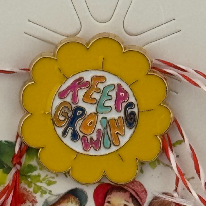 Martisor pentru copii, Jolie, Material Metal, Ambalaj Carton cu Design, Dimensiune Brosa Aproximativ 2x2 cm, Multicolor, cu Mesaj, Model Soare [2]