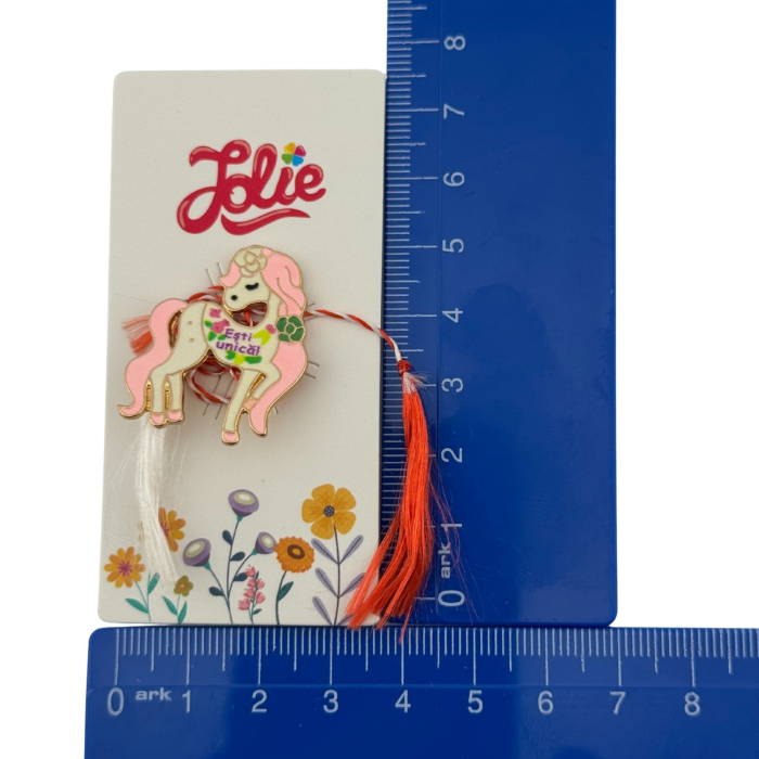 Martisor pentru copii, Jolie, Material Metal, Ambalaj Carton cu Design, Dimensiune Brosa Aproximativ 2x2 cm, Multicolor, cu Mesaj, Model Unicorn [4]