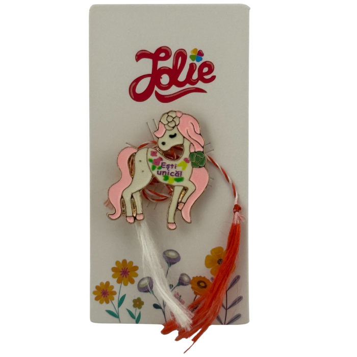 Martisor pentru copii, Jolie, Material Metal, Ambalaj Carton cu Design, Dimensiune Brosa Aproximativ 2x2 cm, Multicolor, cu Mesaj, Model Unicorn [1]