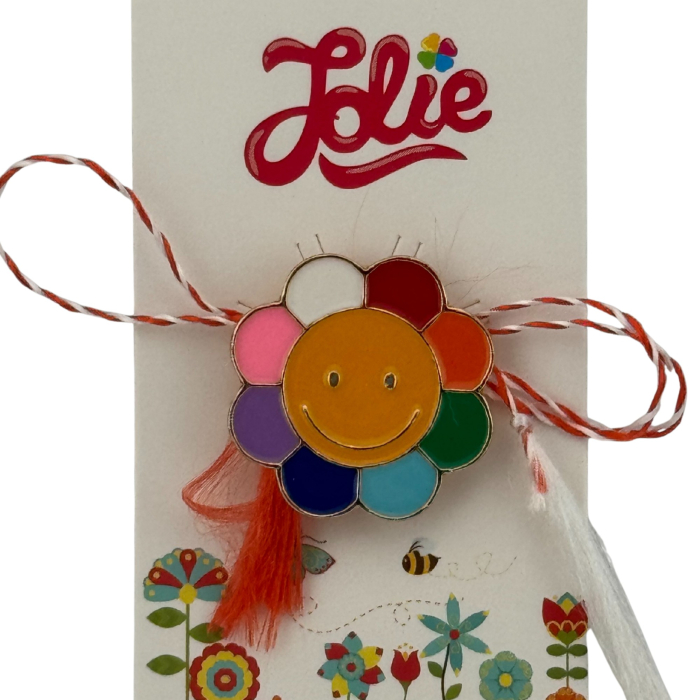 Martisor pentru copii, Jolie, Material Metal, Ambalaj Carton cu Design, Dimensiune Brosa Aproximativ 2x2 cm, Multicolor, Model Floare [3]
