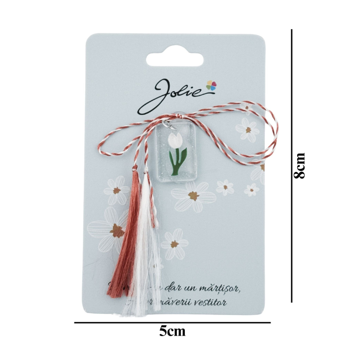 Martisor Traditional din Acril, Jolie, Model Lalea Alba, cu Snur Impletit Alb/Rosu, Pandantiv 2 cm [3]