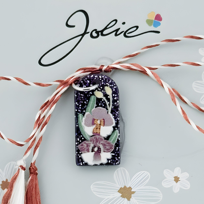 Martisor Traditional din Acril, Jolie, Model Orhidee, cu Snur Impletit Alb/Rosu, Pandantiv 2 cm, Albastru/Alb [2]