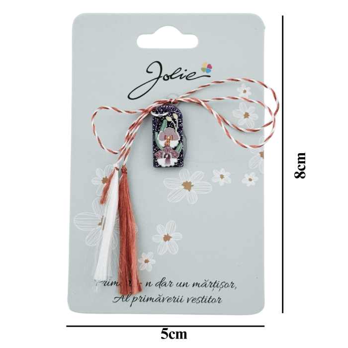 Martisor Traditional din Acril, Jolie, Model Orhidee, cu Snur Impletit Alb/Rosu, Pandantiv 2 cm, Albastru/Alb [3]