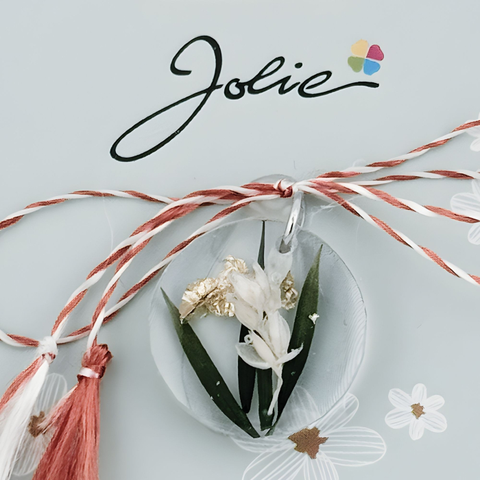 Martisor Traditional din Acril, Jolie, Model Rotund Floare Alba, cu Snur Impletit Alb/Rosu, Pandantiv 2 cm [2]
