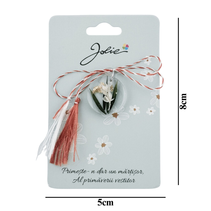 Martisor Traditional din Acril, Jolie, Model Rotund Floare Alba, cu Snur Impletit Alb/Rosu, Pandantiv 2 cm [3]
