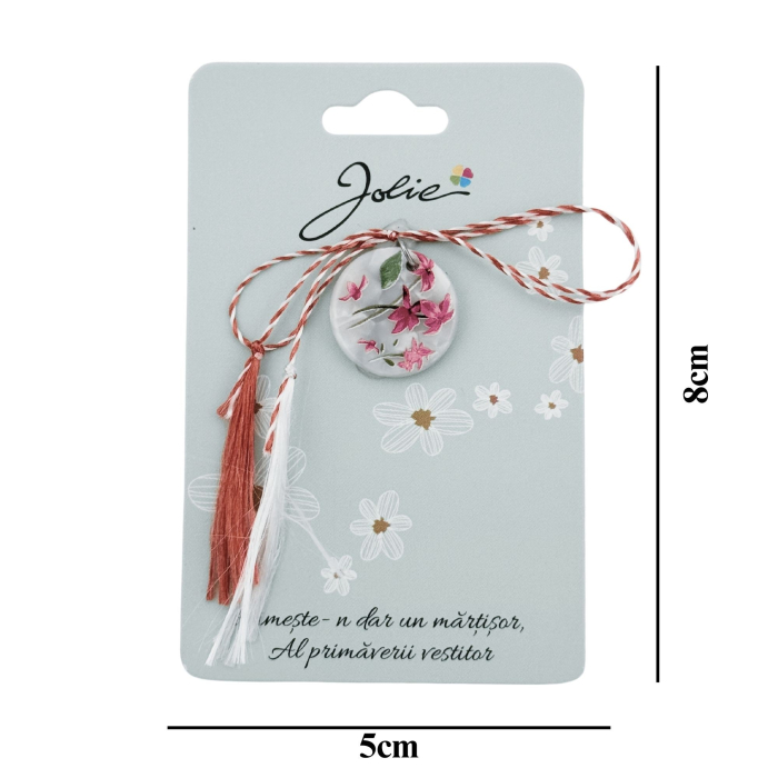 Martisor Traditional din Acril, Jolie, Model Rotund Flori Roz, cu Snur Impletit Alb/Rosu, Pandantiv 2 cm, Multicolor [3]