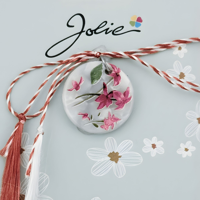 Martisor Traditional din Acril, Jolie, Model Rotund Flori Roz, cu Snur Impletit Alb/Rosu, Pandantiv 2 cm, Multicolor [2]