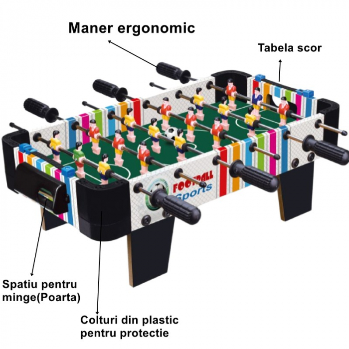 Masa de fotbal cu teren si 18 jucatori Flippy, 6 manere, cu Tablou Scor, din Metal, Lemn si ABS, 51 x 44 x 17.5 cm, cu Picioare, Design Multicolor, pentru copii/adulti [2]
