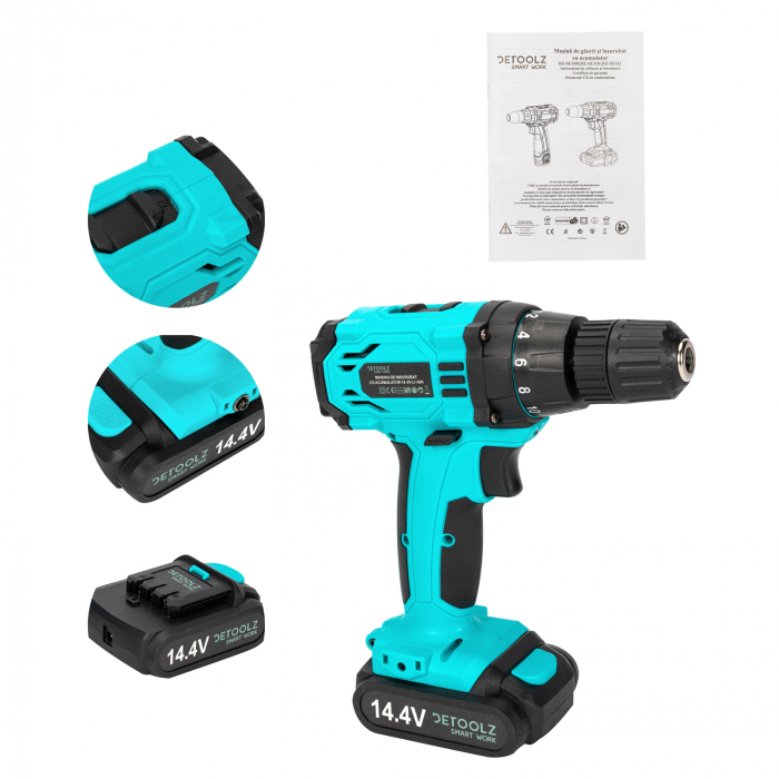 Masina de gaurit si insurubat cu acumulator Detoolz, 14.4V Li-ion,1.3 Ah, 2 acumulatori [10]