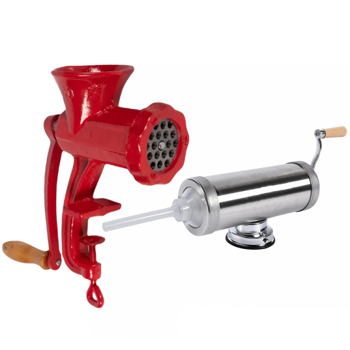 Masina de umplut carnati 1.5 kg cu ventuza + Masina de tocat carne manuala, fonta nr.10 rosie [1]