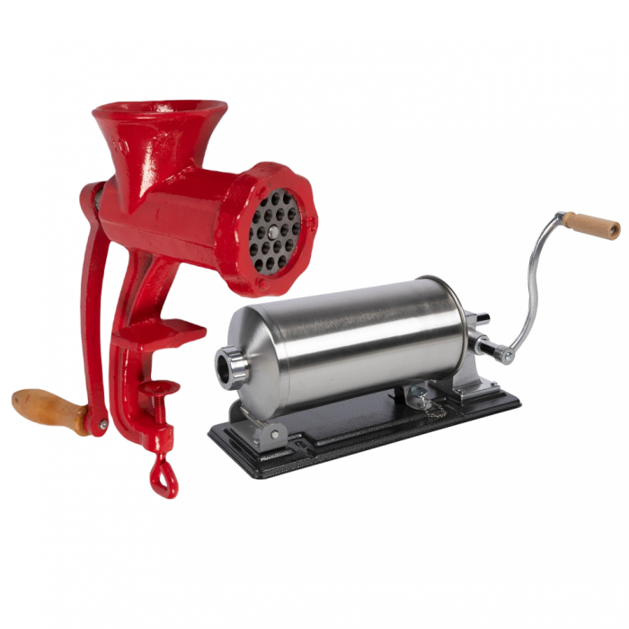 Masina de umplut carnati 5.5 kg orizontal + Masina de tocat carne manuala, fonta nr.10 rosie [1]