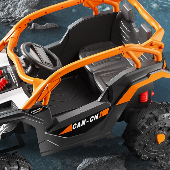 Masina Electrica pentru Copii, Flippy, Tip Buggy/UTV Off-Road Dual Drive, Conectare Bluetooth, Telecomanda, Lumina Intermitenta si Muzica, Baterie 380*2, 6V 7Ah, 97 x 62 x 58 cm, Portocaliu Negru [6]