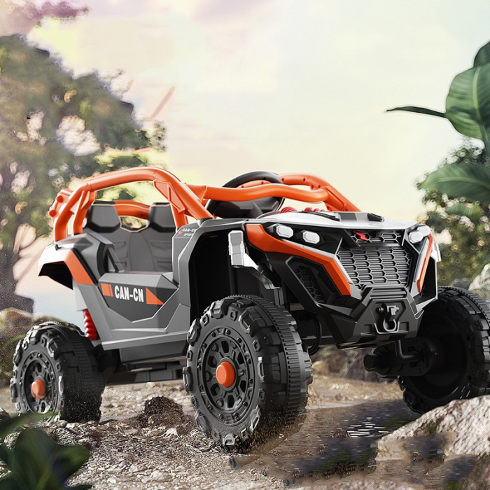 Masina Electrica pentru Copii, Flippy, Tip Buggy/UTV Off-Road Dual Drive, Conectare Bluetooth, Telecomanda, Lumina Intermitenta si Muzica, Baterie 380*2, 6V 7Ah, 97 x 62 x 58 cm, Portocaliu Negru [4]