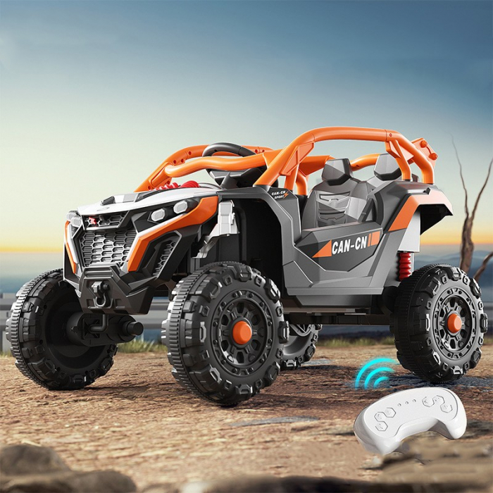 Masina Electrica pentru Copii, Flippy, Tip Buggy/UTV Off-Road Dual Drive, Conectare Bluetooth, Telecomanda, Lumina Intermitenta si Muzica, Baterie 380*2, 6V 7Ah, 97 x 62 x 58 cm, Portocaliu Negru [2]