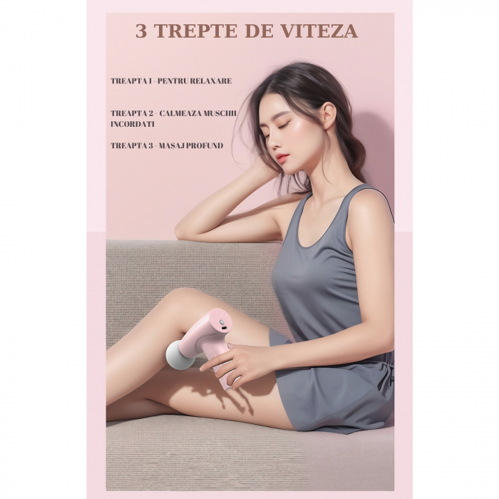 Mini Aparat de Masaj, Flippy, Tip Pistol, Incarcare USB Tip C, Portabil, Pentru Relaxare Musculara, Autonomie 120 Min, 3 Trepte de Viteza, Roz [8]