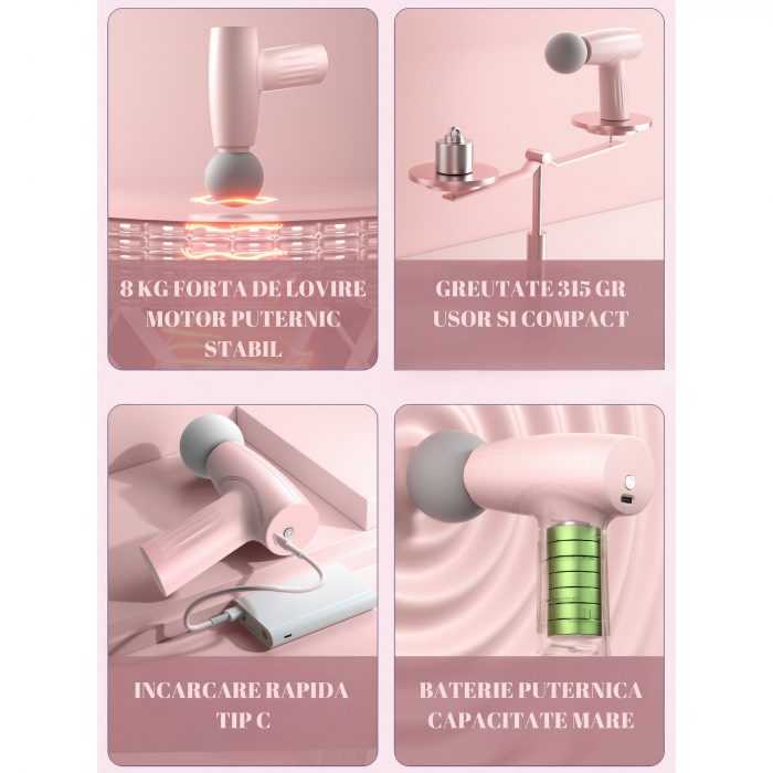 Mini Aparat de Masaj, Flippy, Tip Pistol, Incarcare USB Tip C, Portabil, Pentru Relaxare Musculara, Autonomie 120 Min, 3 Trepte de Viteza, Roz [7]