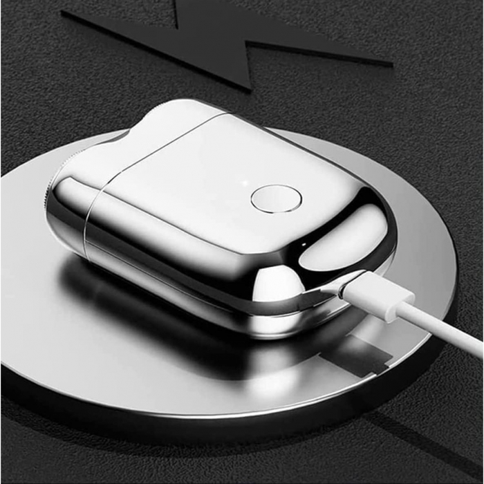 Mini Aparat de Ras Electric, Flippy, din ABS cu Fibra de Carbon, Portabil, Cap Rotativ Detasabil cu 2 Lame de Otel, Rezistent la Apa, Incarcare Type-C, Autonomie 45 min, Argintiu [3]